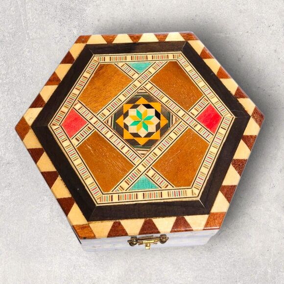 Vintage Taracea Marquetry Jewelry Box Spain Inlaid Wood Hexagon Gift Geometric - Picture 2 of 8